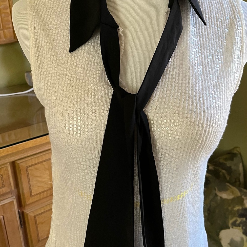 Anne Fontaine White Sequin Sleeveless Top with Black Neck Tie
